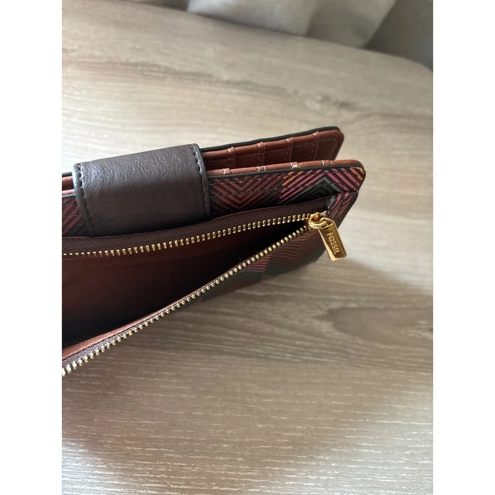 Fossil Logan Bifold Wallet Multicolor Chevron Coated‎ Canvas Leather Trim Slim